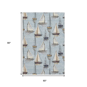 HomeRoots 5' X 8' Nautical Washable Area Rug in Sky Blue, Gold & Ivory – UV Protection & Stain Resistant! 645423
