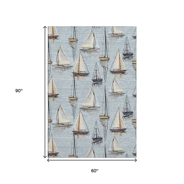 HomeRoots 5' X 8' Nautical Washable Area Rug in Sky Blue, Gold & Ivory – UV Protection & Stain Resistant! 645423