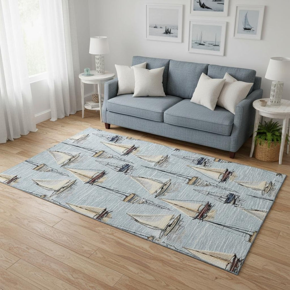 HomeRoots 5' X 8' Nautical Washable Area Rug in Sky Blue, Gold & Ivory – UV Protection & Stain Resistant! 645423