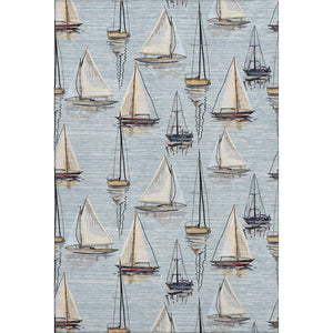 HomeRoots 5' X 8' Nautical Washable Area Rug in Sky Blue, Gold & Ivory – UV Protection & Stain Resistant! 645423