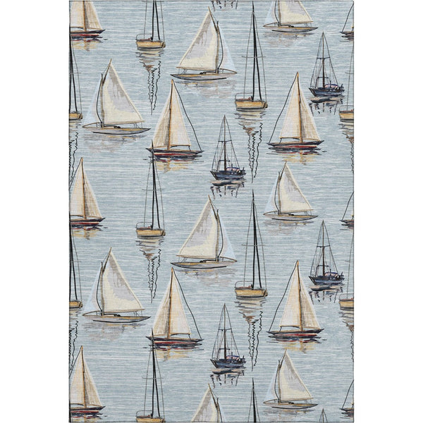 HomeRoots 5' X 8' Nautical Washable Area Rug in Sky Blue, Gold & Ivory – UV Protection & Stain Resistant! 645423
