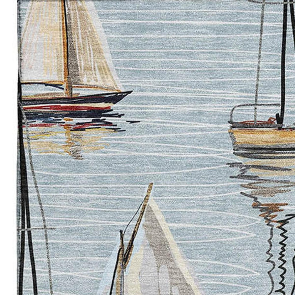 HomeRoots 5' X 8' Nautical Washable Area Rug in Sky Blue, Gold & Ivory – UV Protection & Stain Resistant! 645423