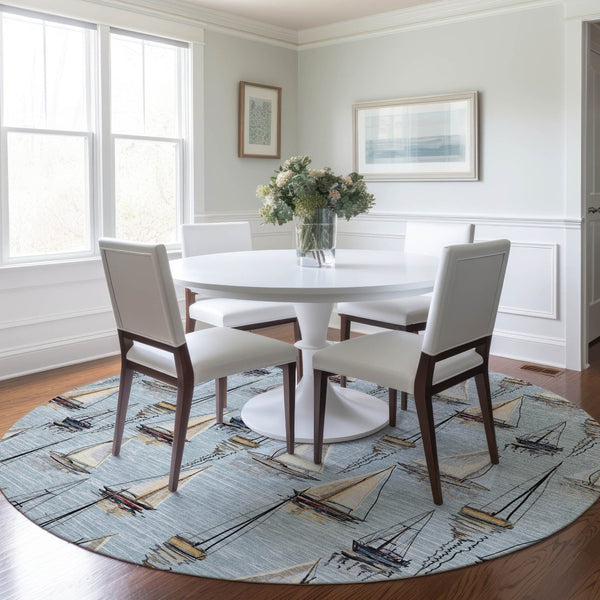 HomeRoots 8' Nautical Round Rug in Sky Blue, Gold & Ivory - Washable, UV-Protected, Stain-Resistant Charm! 645424