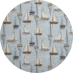 HomeRoots 8' Nautical Round Rug in Sky Blue, Gold & Ivory - Washable, UV-Protected, Stain-Resistant Charm! 645424