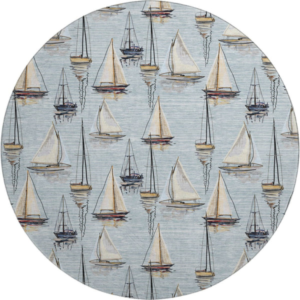 HomeRoots 8' Nautical Round Rug in Sky Blue, Gold & Ivory - Washable, UV-Protected, Stain-Resistant Charm! 645424