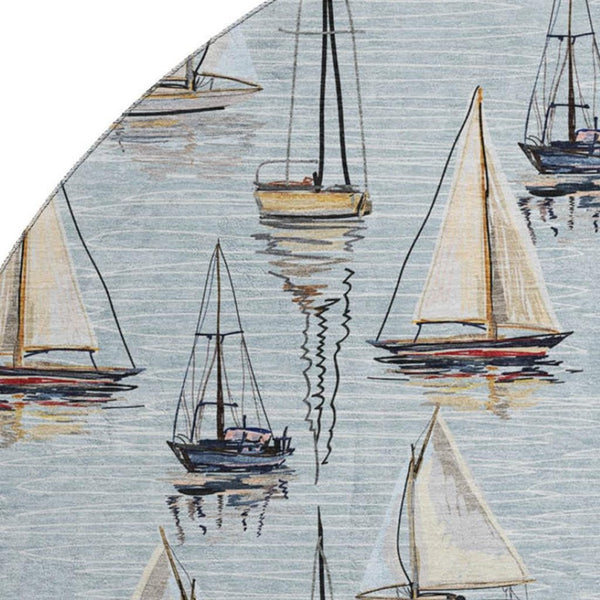 HomeRoots 8' Nautical Round Rug in Sky Blue, Gold & Ivory - Washable, UV-Protected, Stain-Resistant Charm! 645424