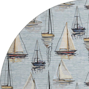 HomeRoots 8' Nautical Round Rug in Sky Blue, Gold & Ivory - Washable, UV-Protected, Stain-Resistant Charm! 645424