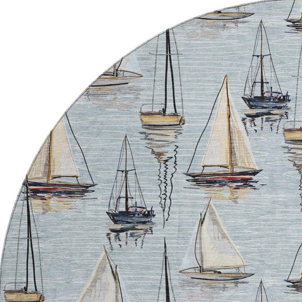 HomeRoots 8' Nautical Round Rug in Sky Blue, Gold & Ivory - Washable, UV-Protected, Stain-Resistant Charm! 645424