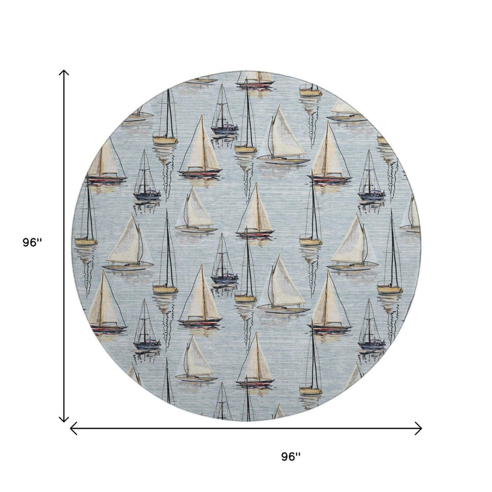 HomeRoots 8' Nautical Round Rug in Sky Blue, Gold & Ivory - Washable, UV-Protected, Stain-Resistant Charm! 645424
