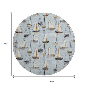 HomeRoots 8' Nautical Round Rug in Sky Blue, Gold & Ivory - Washable, UV-Protected, Stain-Resistant Charm! 645424