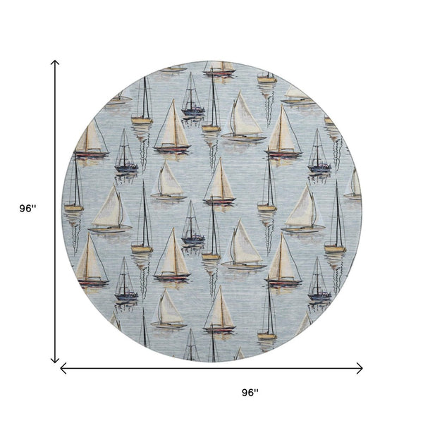 HomeRoots 8' Nautical Round Rug in Sky Blue, Gold & Ivory - Washable, UV-Protected, Stain-Resistant Charm! 645424