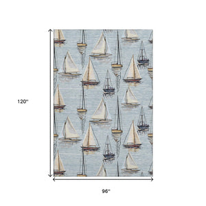 HomeRoots 8' X 10' Sky Blue Gold & Ivory Nautical Area Rug - Washable, UV Protected, Stain Resistant, Durable Design 645425
