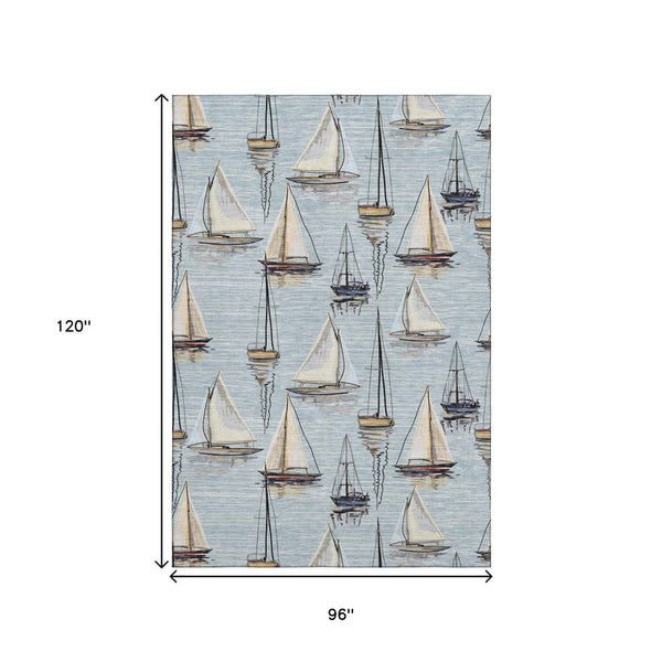 HomeRoots 8' X 10' Sky Blue Gold & Ivory Nautical Area Rug - Washable, UV Protected, Stain Resistant, Durable Design 645425