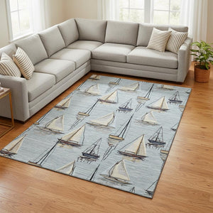 HomeRoots 8' X 10' Sky Blue Gold & Ivory Nautical Area Rug - Washable, UV Protected, Stain Resistant, Durable Design 645425