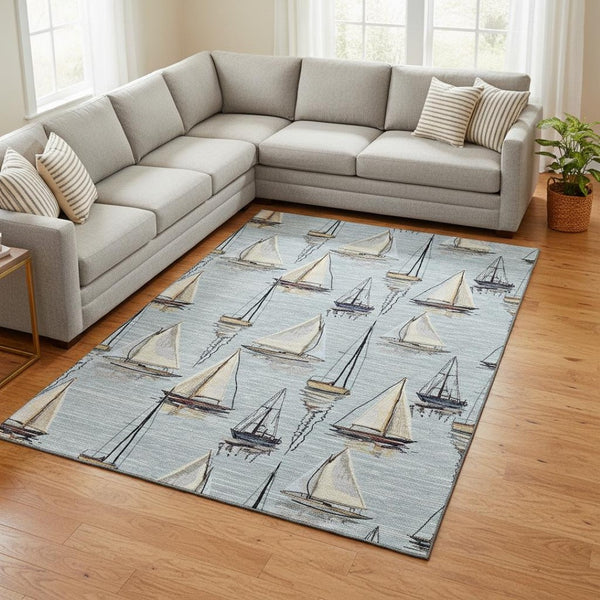HomeRoots 8' X 10' Sky Blue Gold & Ivory Nautical Area Rug - Washable, UV Protected, Stain Resistant, Durable Design 645425