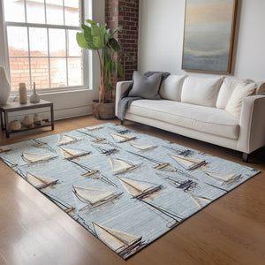 HomeRoots 8' X 10' Sky Blue Gold & Ivory Nautical Area Rug - Washable, UV Protected, Stain Resistant, Durable Design 645425
