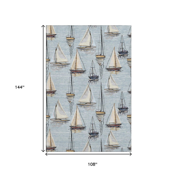 HomeRoots 9' X 12' Sky Blue Nautical Area Rug – Washable, UV-Protected, Durable & Stylish for Any Space 645426