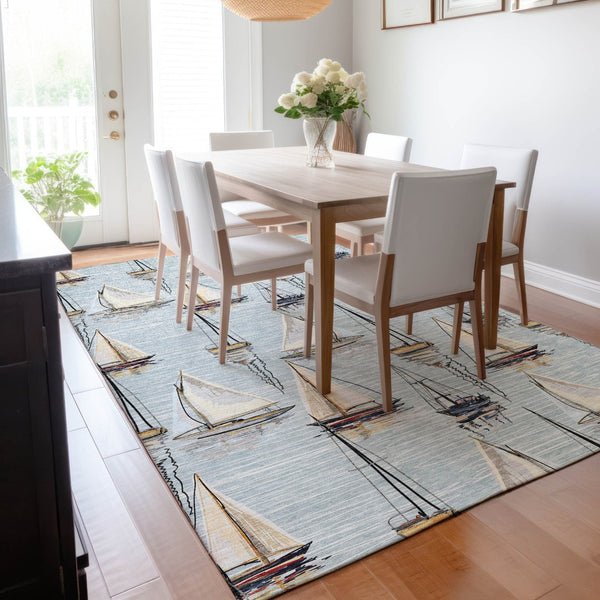 HomeRoots 9' X 12' Sky Blue Nautical Area Rug – Washable, UV-Protected, Durable & Stylish for Any Space 645426