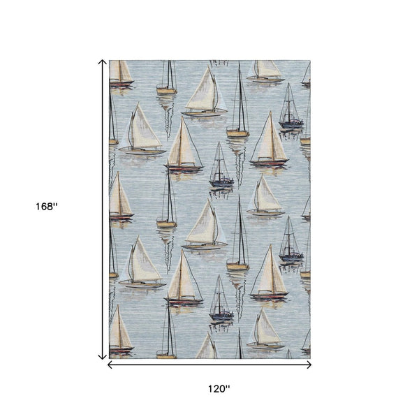 HomeRoots 10' X 14' Coastal Nautical Area Rug in Sky Blue, Gold & Ivory - Washable, UV-Protected, Durable Design 645427