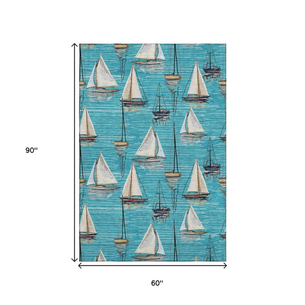 HomeRoots 5' X 8' Coastal Teal Blue Ivory Gold Washable Area Rug - Durable, UV Protected, Perfect for Family Spaces! 645429