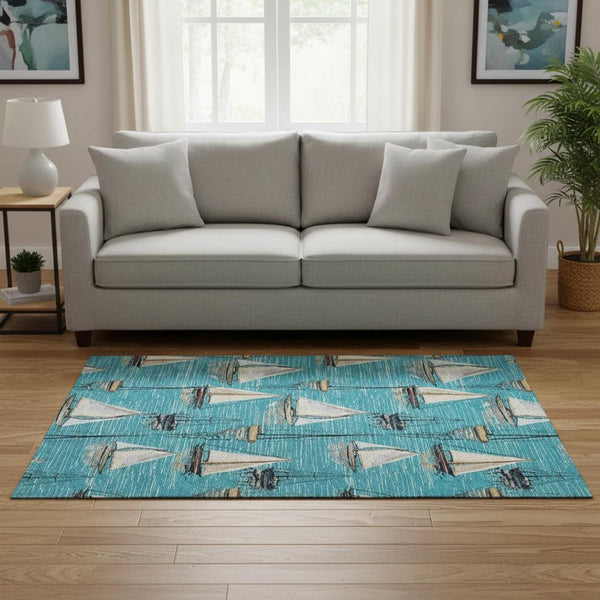 HomeRoots 5' X 8' Coastal Teal Blue Ivory Gold Washable Area Rug - Durable, UV Protected, Perfect for Family Spaces! 645429