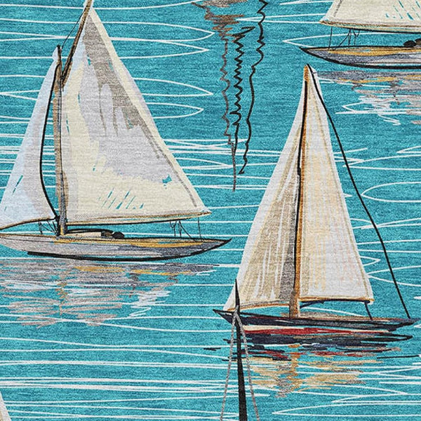 HomeRoots 5' X 8' Coastal Teal Blue Ivory Gold Washable Area Rug - Durable, UV Protected, Perfect for Family Spaces! 645429