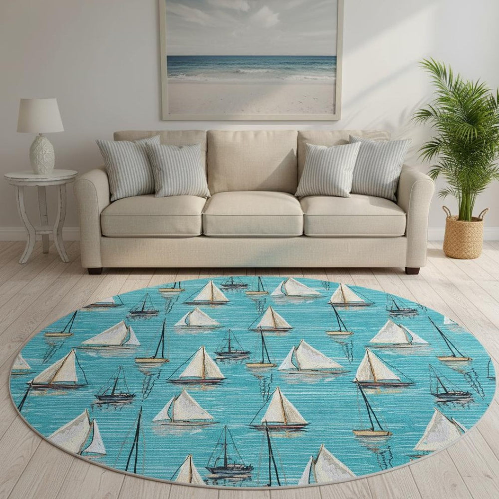 HomeRoots 8' Nautical-Inspired Teal Blue, Ivory & Gold Round Washable Rug with UV Protection for Homes 645430