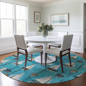 HomeRoots 8' Nautical-Inspired Teal Blue, Ivory & Gold Round Washable Rug with UV Protection for Homes 645430