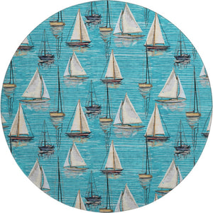 HomeRoots 8' Nautical-Inspired Teal Blue, Ivory & Gold Round Washable Rug with UV Protection for Homes 645430