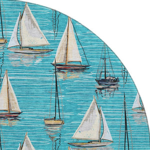 HomeRoots 8' Nautical-Inspired Teal Blue, Ivory & Gold Round Washable Rug with UV Protection for Homes 645430