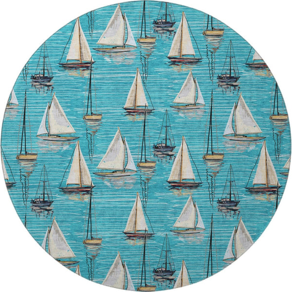 HomeRoots 8' Nautical-Inspired Teal Blue, Ivory & Gold Round Washable Rug with UV Protection for Homes 645430