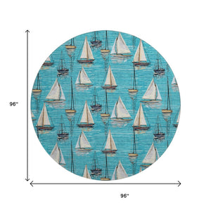 HomeRoots 8' Nautical-Inspired Teal Blue, Ivory & Gold Round Washable Rug with UV Protection for Homes 645430