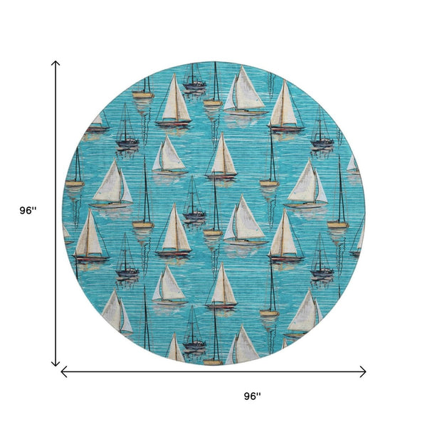 HomeRoots 8' Nautical-Inspired Teal Blue, Ivory & Gold Round Washable Rug with UV Protection for Homes 645430