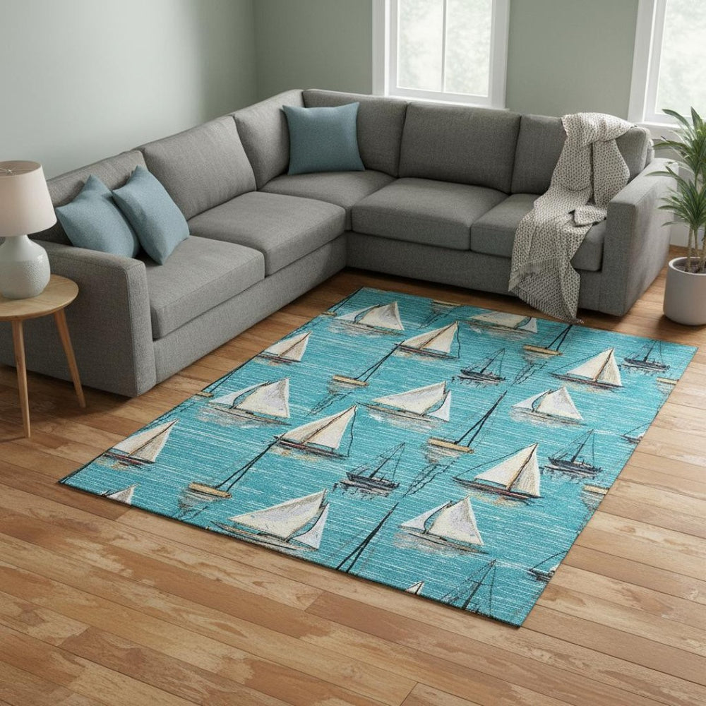 HomeRoots 8' X 10' Coastal Teal, Ivory & Gold Nautical Area Rug - Washable, UV-Protected & Stain-Resistant! 645431