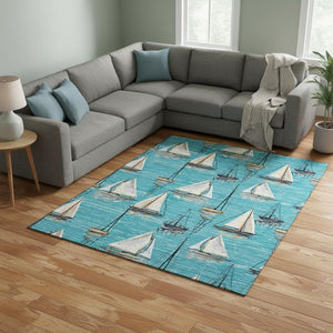 HomeRoots 8' X 10' Coastal Teal, Ivory & Gold Nautical Area Rug - Washable, UV-Protected & Stain-Resistant! 645431