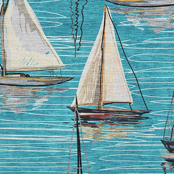 HomeRoots 8' X 10' Coastal Teal, Ivory & Gold Nautical Area Rug - Washable, UV-Protected & Stain-Resistant! 645431
