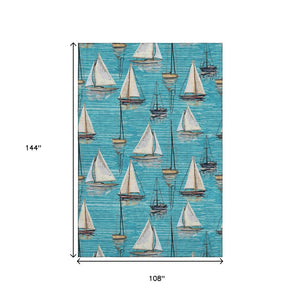HomeRoots 9' X 12' Coastal Teal Blue Ivory Gold Nautical Area Rug - Washable, UV Protected, Pet Friendly! 645432