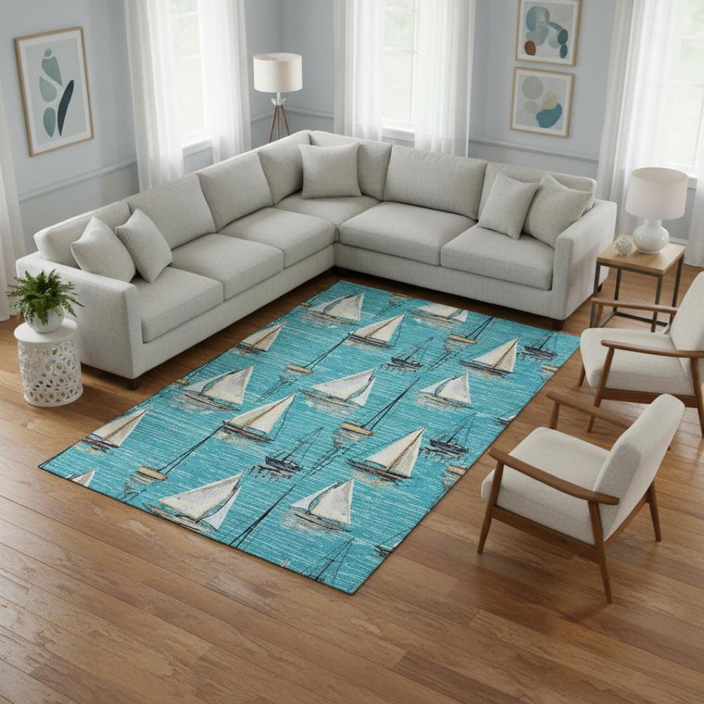 HomeRoots 9' X 12' Coastal Teal Blue Ivory Gold Nautical Area Rug - Washable, UV Protected, Pet Friendly! 645432