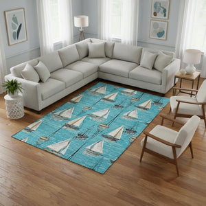 HomeRoots 9' X 12' Coastal Teal Blue Ivory Gold Nautical Area Rug - Washable, UV Protected, Pet Friendly! 645432