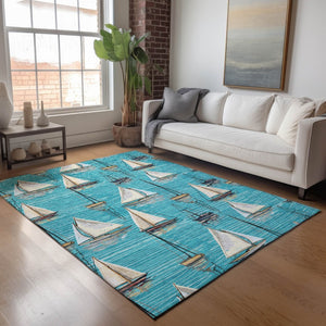 HomeRoots 9' X 12' Coastal Teal Blue Ivory Gold Nautical Area Rug - Washable, UV Protected, Pet Friendly! 645432