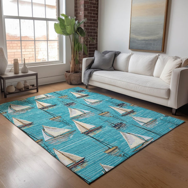 HomeRoots 9' X 12' Coastal Teal Blue Ivory Gold Nautical Area Rug - Washable, UV Protected, Pet Friendly! 645432