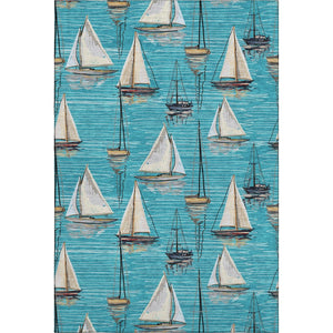 HomeRoots 9' X 12' Coastal Teal Blue Ivory Gold Nautical Area Rug - Washable, UV Protected, Pet Friendly! 645432