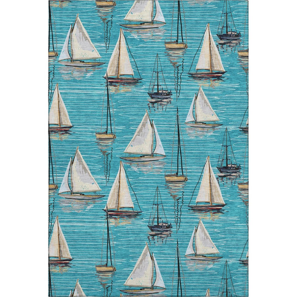 HomeRoots 9' X 12' Coastal Teal Blue Ivory Gold Nautical Area Rug - Washable, UV Protected, Pet Friendly! 645432