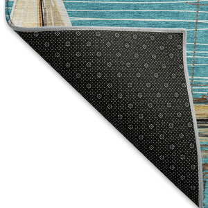 HomeRoots 9' X 12' Coastal Teal Blue Ivory Gold Nautical Area Rug - Washable, UV Protected, Pet Friendly! 645432