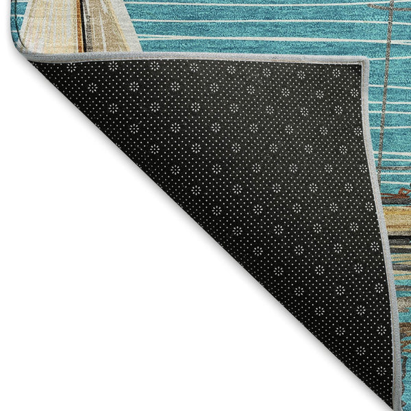 HomeRoots 9' X 12' Coastal Teal Blue Ivory Gold Nautical Area Rug - Washable, UV Protected, Pet Friendly! 645432