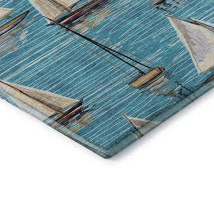 HomeRoots 9' X 12' Coastal Teal Blue Ivory Gold Nautical Area Rug - Washable, UV Protected, Pet Friendly! 645432