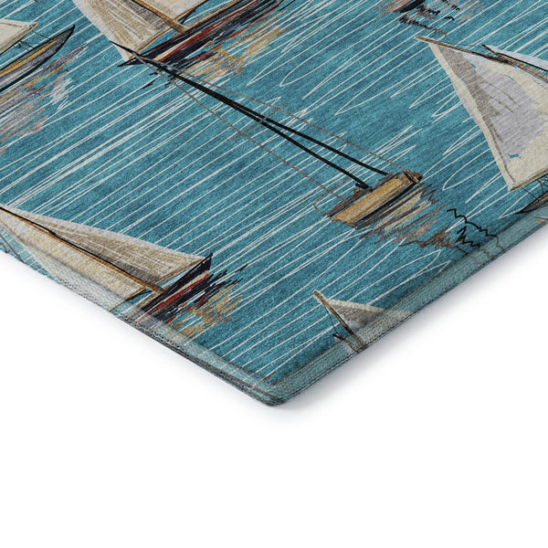 HomeRoots 9' X 12' Coastal Teal Blue Ivory Gold Nautical Area Rug - Washable, UV Protected, Pet Friendly! 645432