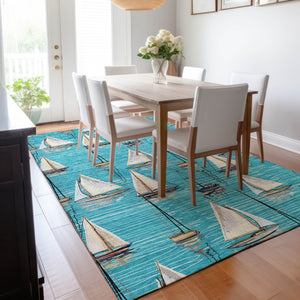 HomeRoots 9' X 12' Coastal Teal Blue Ivory Gold Nautical Area Rug - Washable, UV Protected, Pet Friendly! 645432