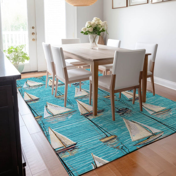 HomeRoots 9' X 12' Coastal Teal Blue Ivory Gold Nautical Area Rug - Washable, UV Protected, Pet Friendly! 645432