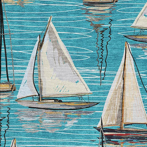 HomeRoots 9' X 12' Coastal Teal Blue Ivory Gold Nautical Area Rug - Washable, UV Protected, Pet Friendly! 645432
